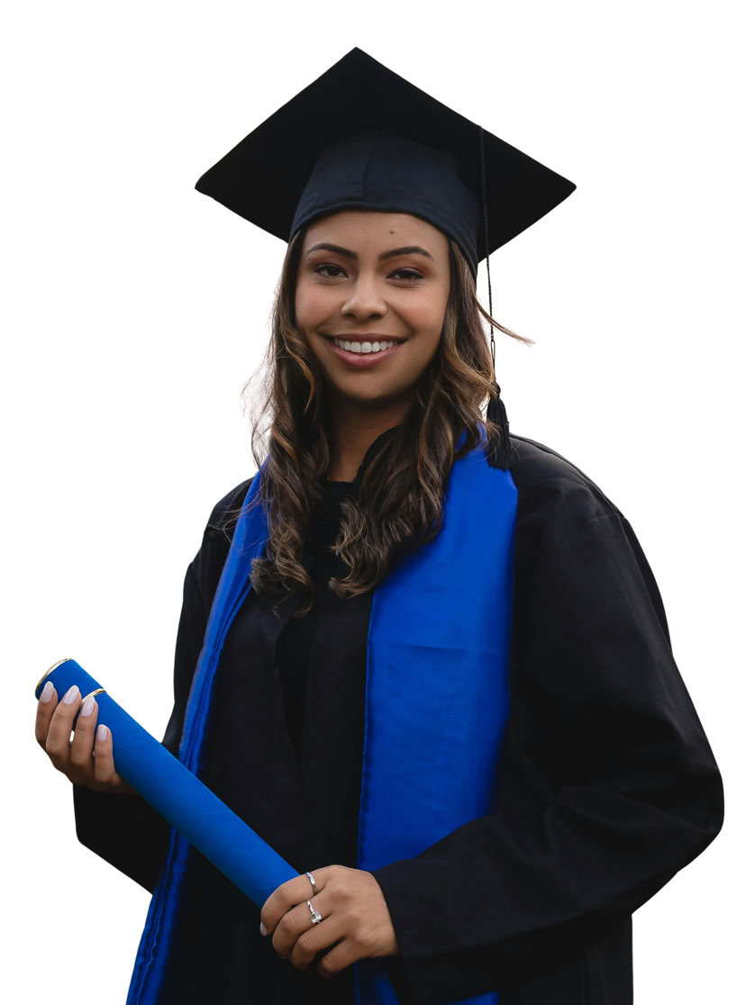 A person wearing a graduation cap and gown with a blue stole, holding a rolled-up diploma.
