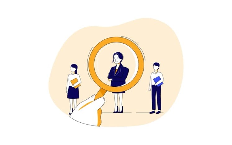 Vector drawing of three people and a person holding a magnifying glass